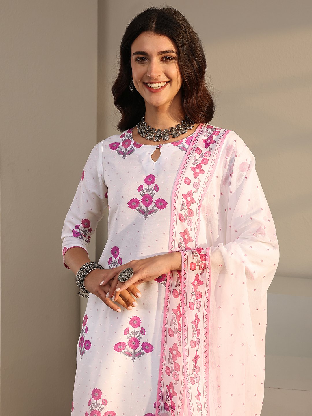 White and Pink Printed Kurta Set with Dupatta