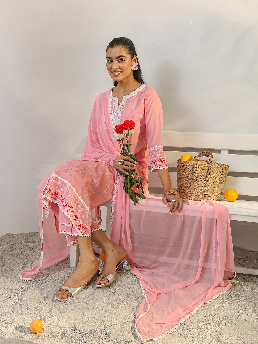 Pink Embroidered Cotton Kurta Set with Dupatta