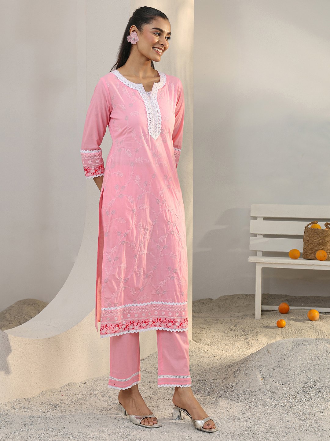 Pink Embroidered Cotton Kurta Set with Dupatta