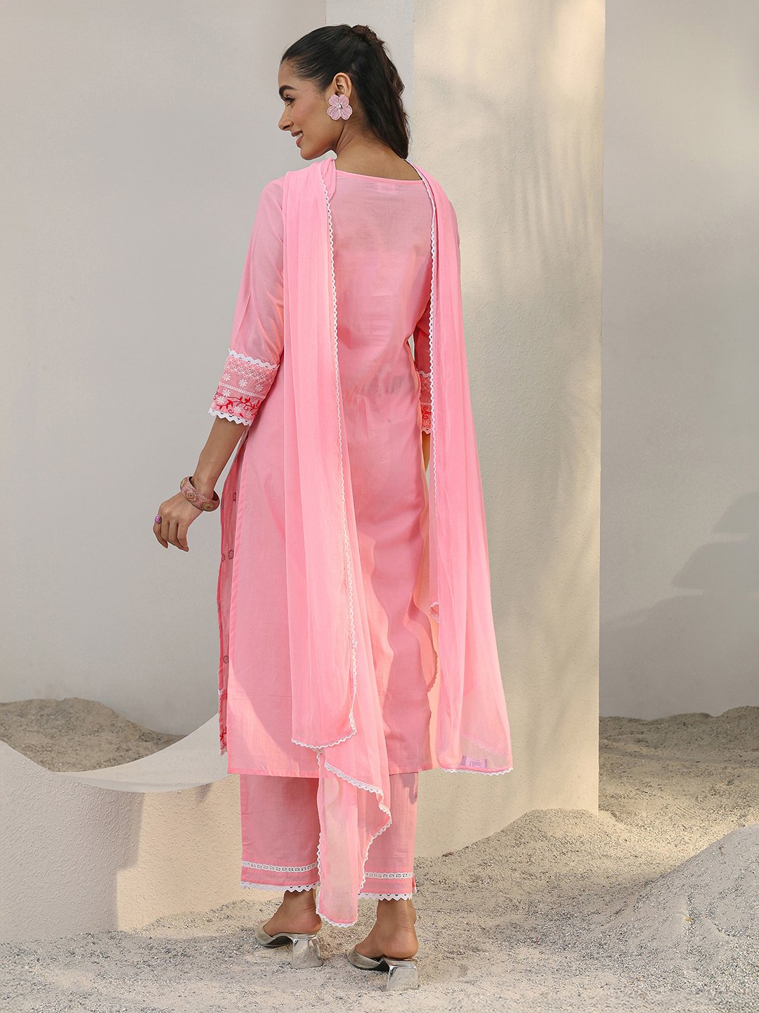 Pink Embroidered Cotton Kurta Set with Dupatta