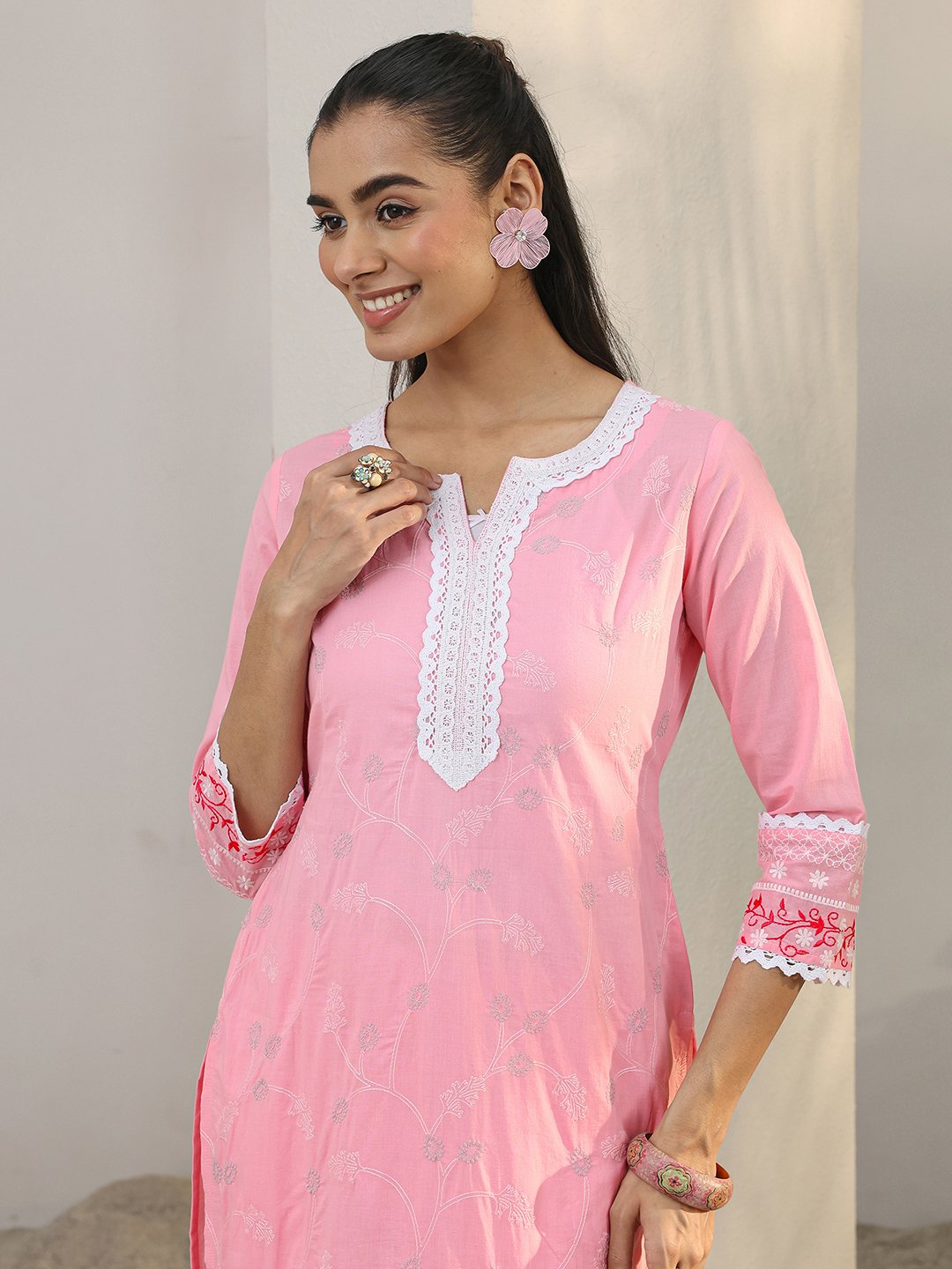 Pink Embroidered Cotton Kurta Set with Dupatta