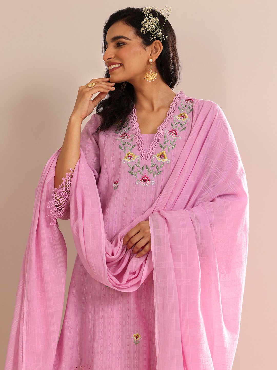 Purple Embroidered V-Neck Kurta Set with Dupatta - Straight Fit
