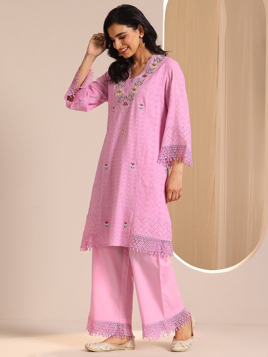 Purple Embroidered V-Neck Kurta Set with Dupatta - Straight Fit