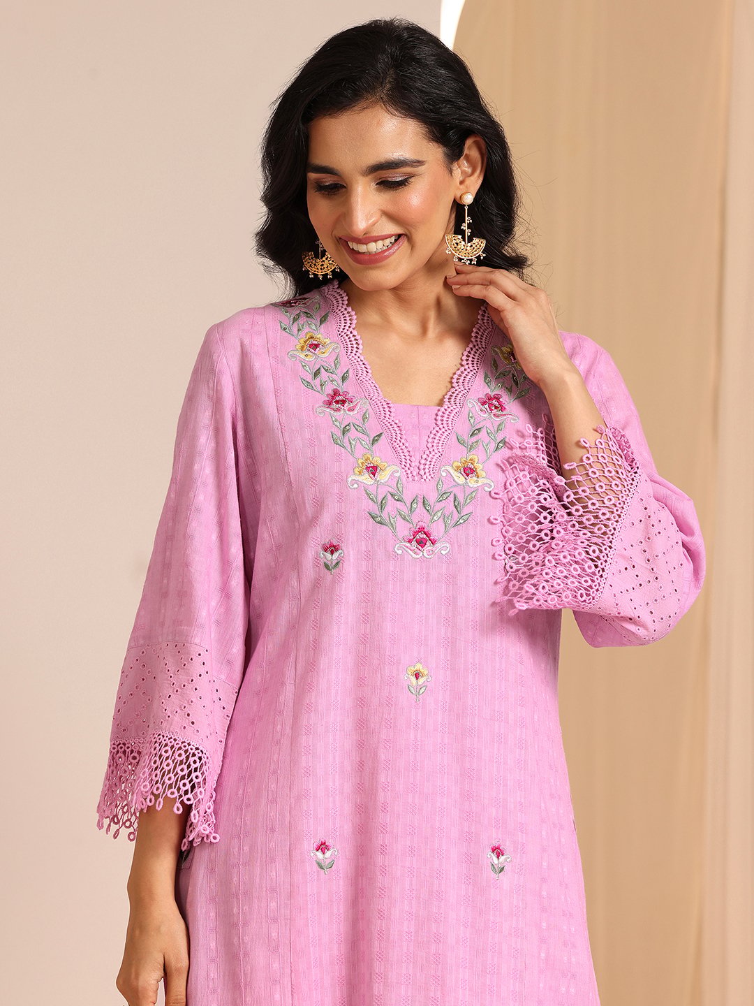 Purple Embroidered V-Neck Kurta Set with Dupatta - Straight Fit