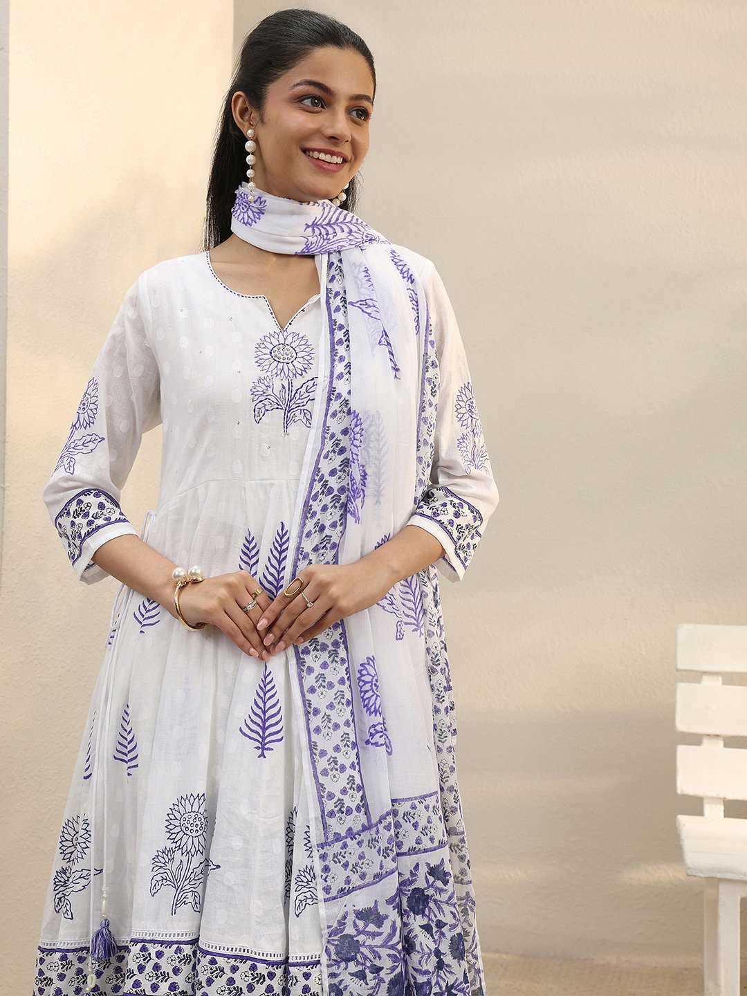 White Printed Cotton Anarkali Kurta Set with Trousers and Dupatta