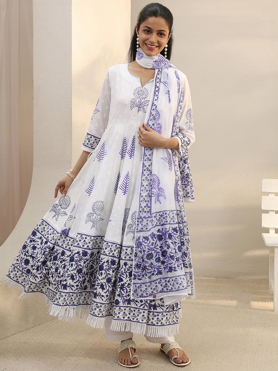 White Printed Cotton Anarkali Kurta Set with Trousers and Dupatta