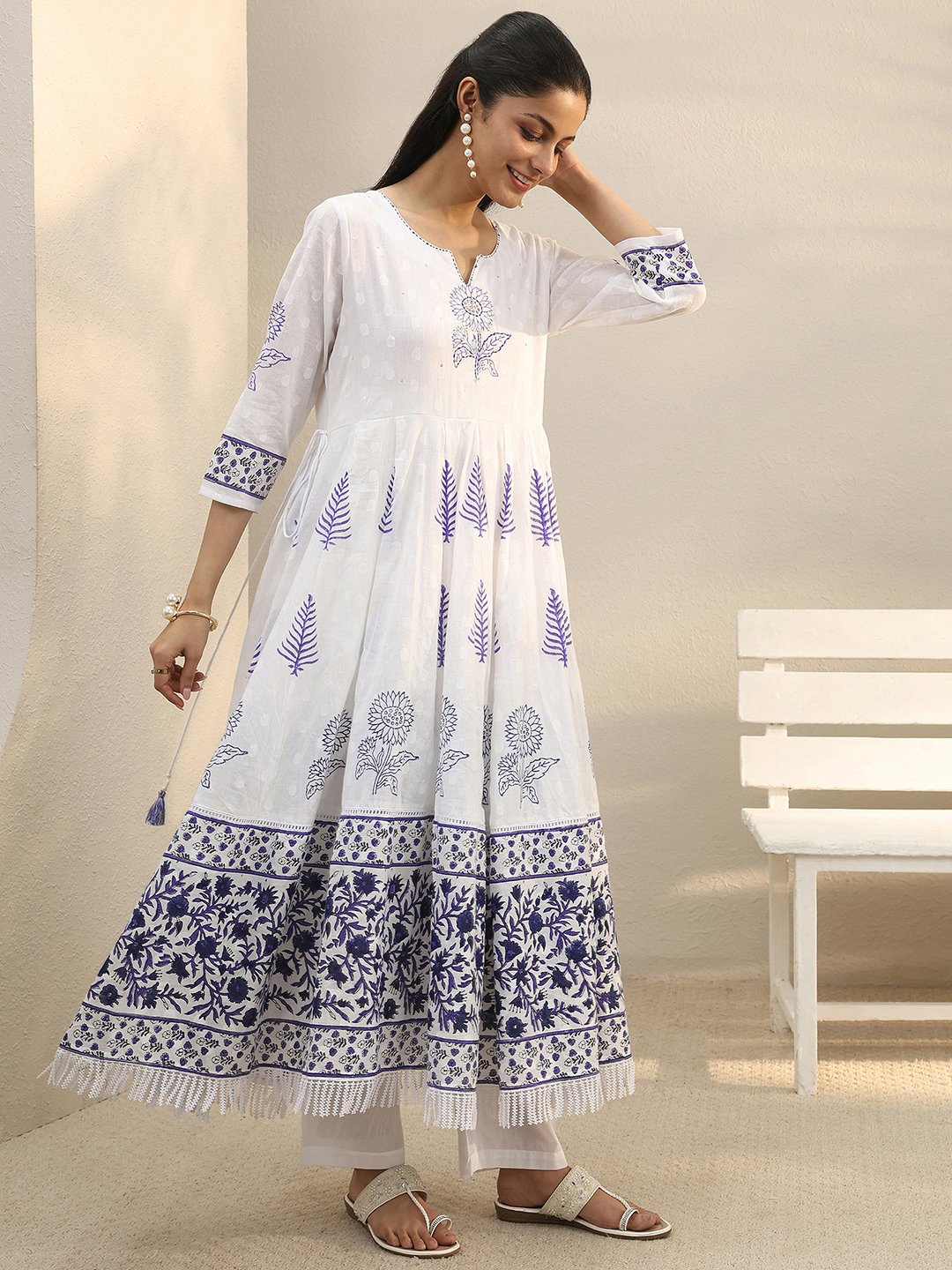White Printed Cotton Anarkali Kurta Set with Trousers and Dupatta