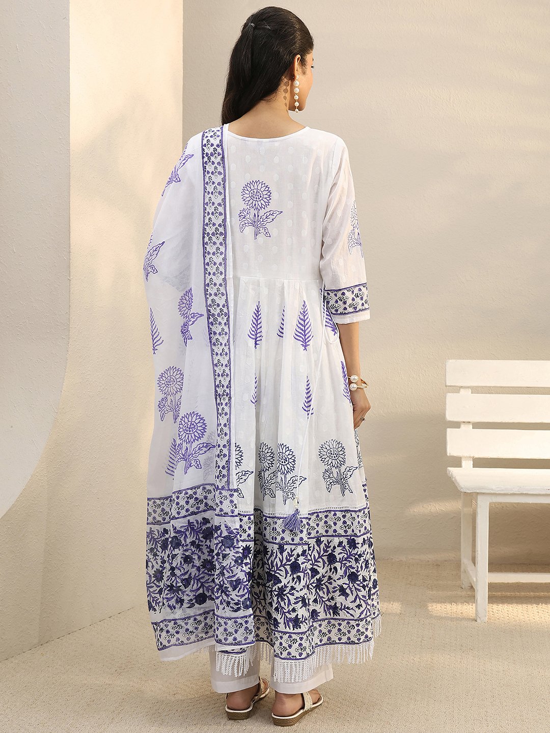 White Printed Cotton Anarkali Kurta Set with Trousers and Dupatta