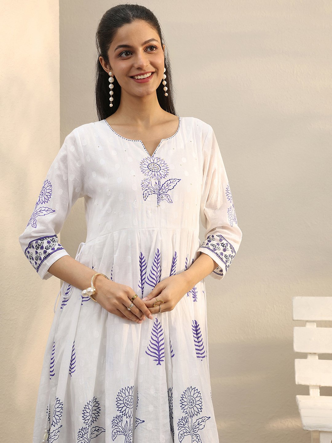 White Printed Cotton Anarkali Kurta Set with Trousers and Dupatta