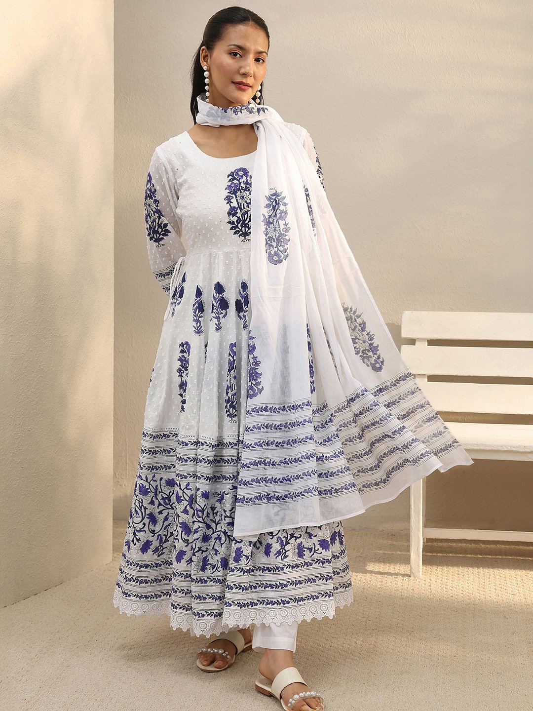 White and Blue Floral Printed Cotton Anarkali Kurta Set with Trousers and Dupatta