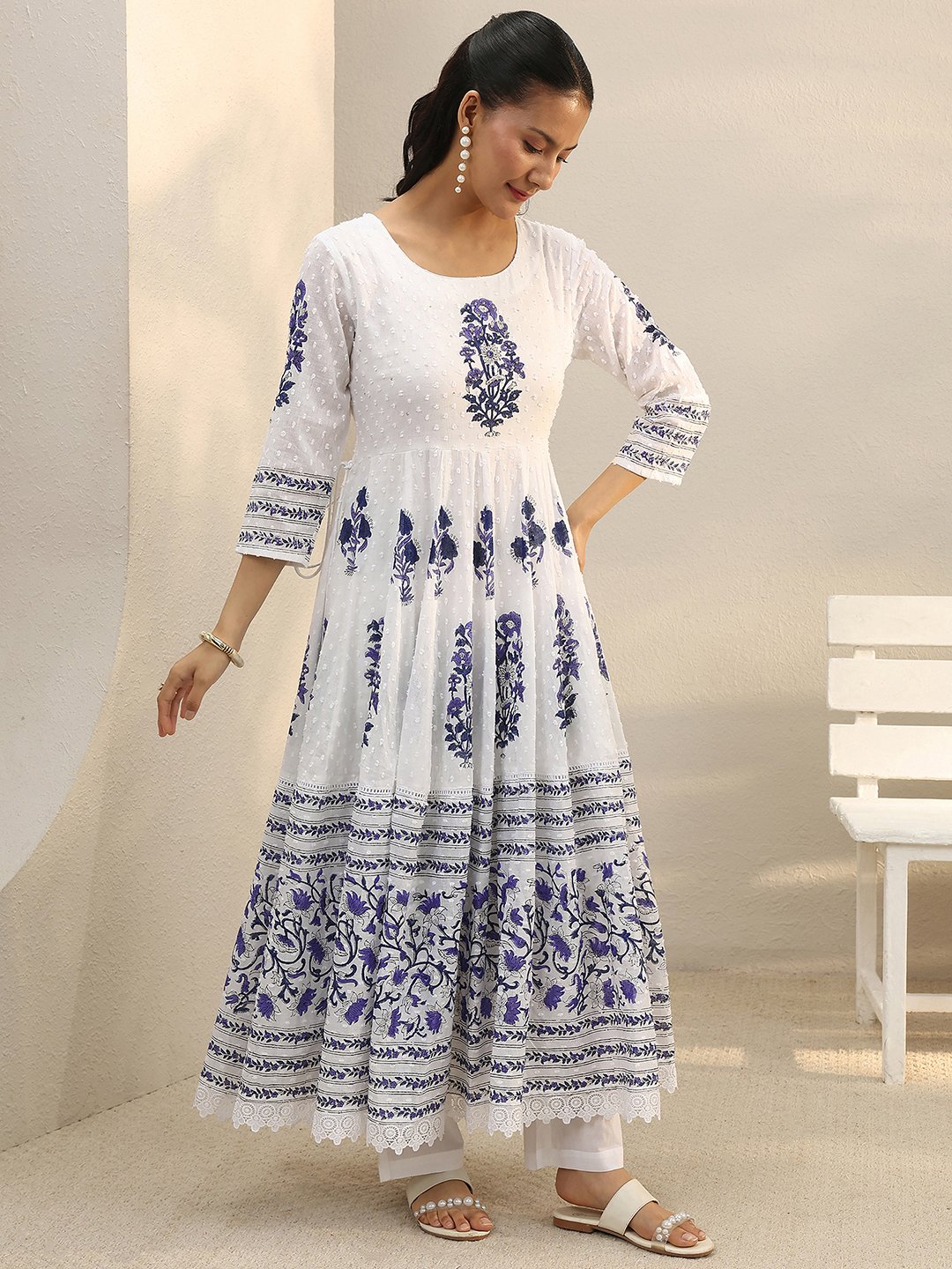 White and Blue Floral Printed Cotton Anarkali Kurta Set with Trousers and Dupatta