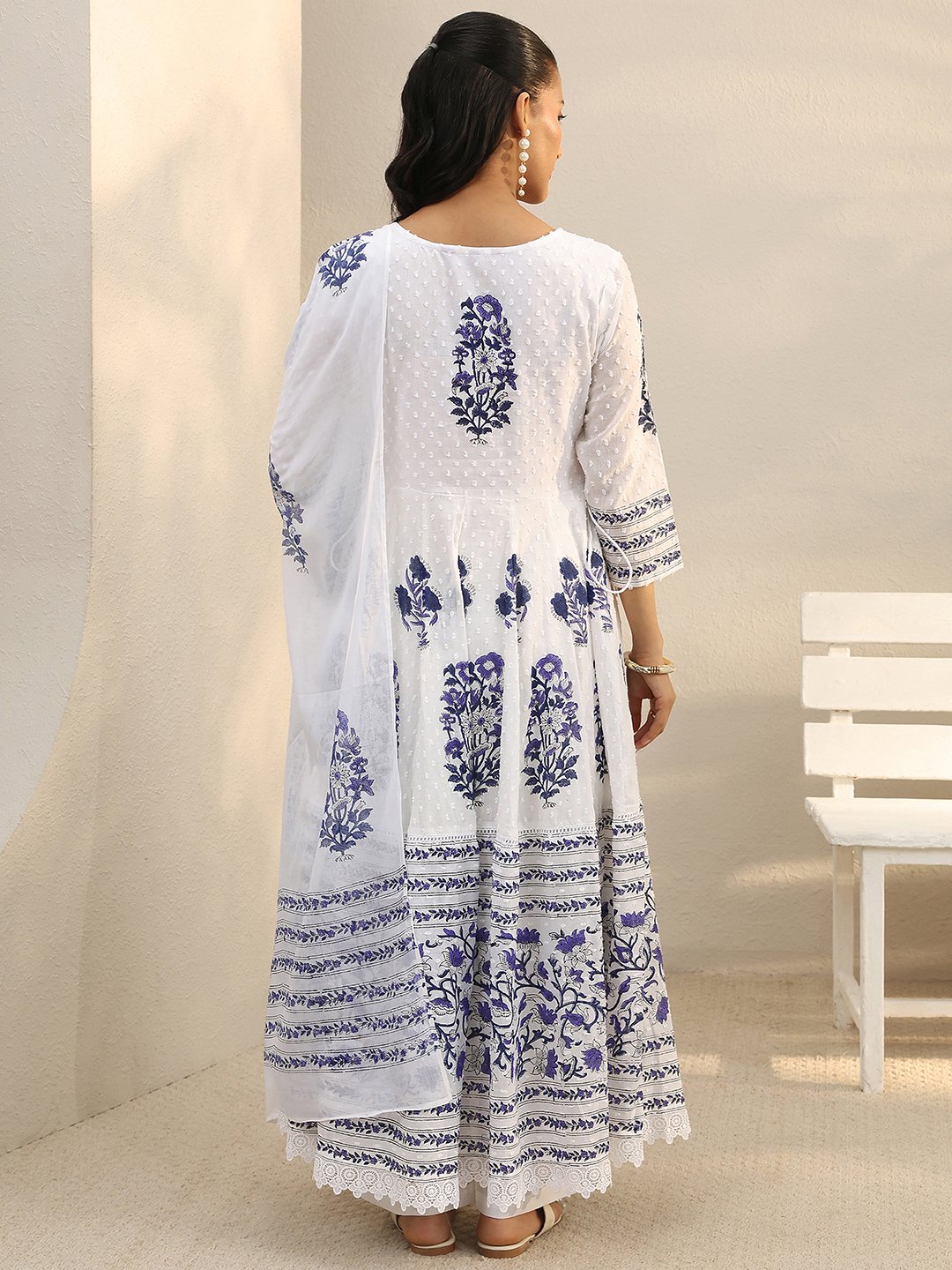 White and Blue Floral Printed Cotton Anarkali Kurta Set with Trousers and Dupatta