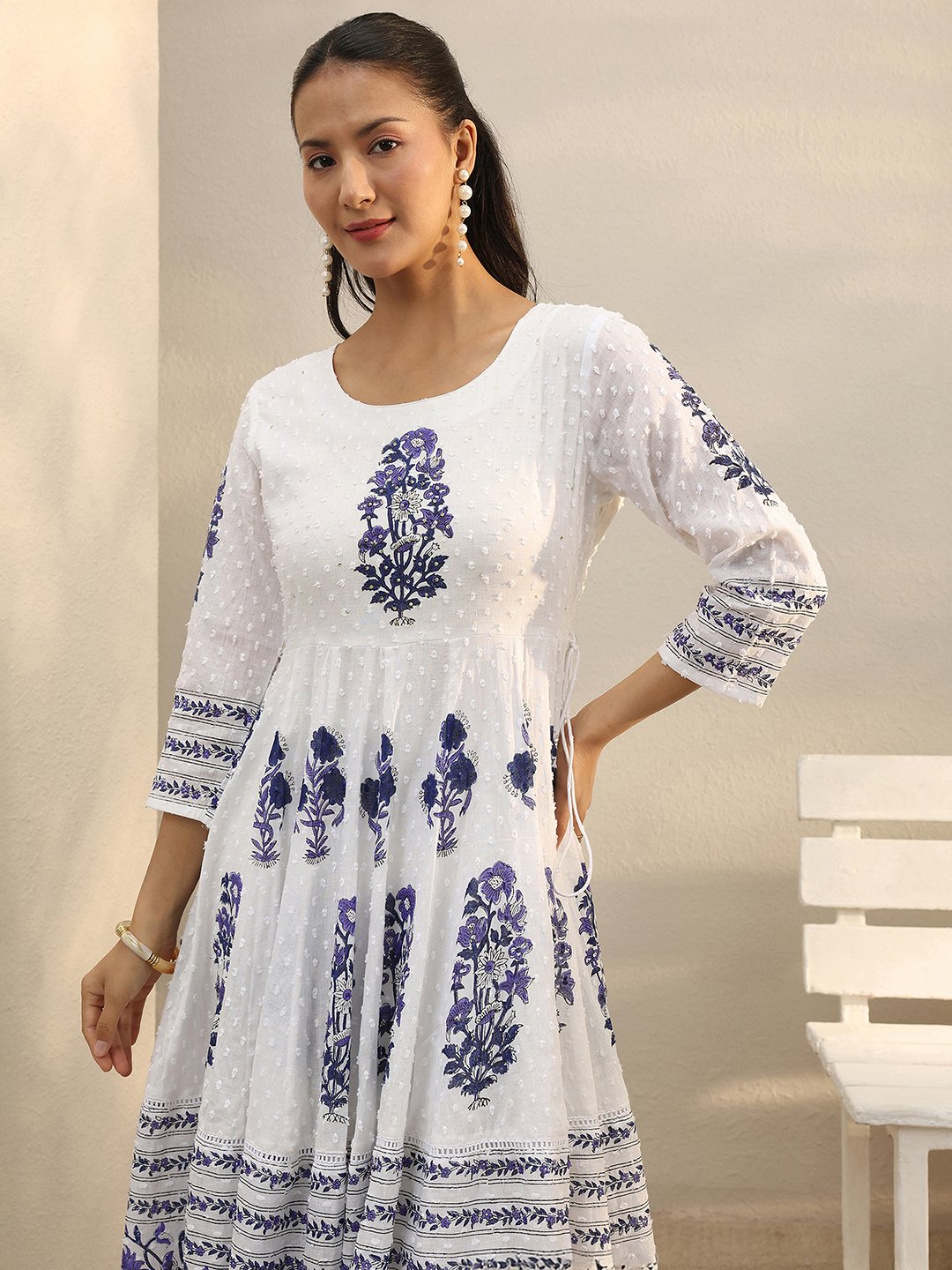 White and Blue Floral Printed Cotton Anarkali Kurta Set with Trousers and Dupatta