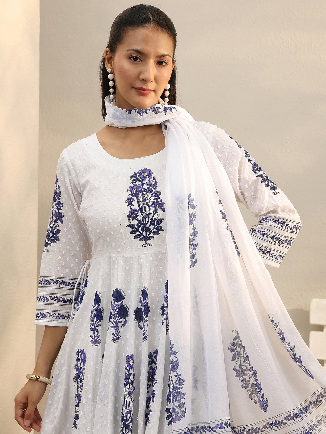 White and Blue Floral Printed Cotton Anarkali Kurta Set with Trousers and Dupatta