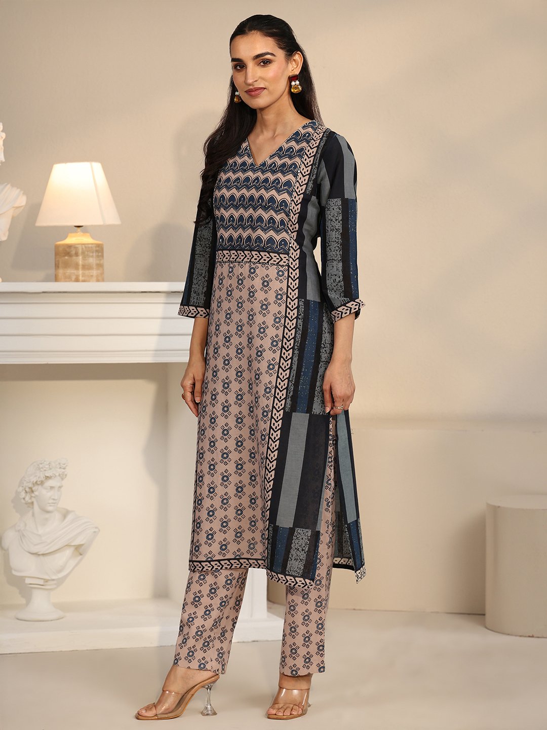 Blue Printed Cotton V-Neck Kurta Set with Trousers and Dupatta