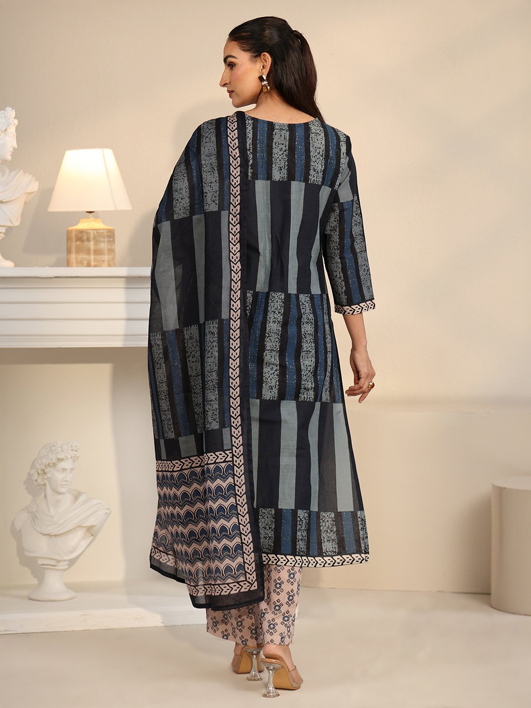 Blue Printed Cotton V-Neck Kurta Set with Trousers and Dupatta