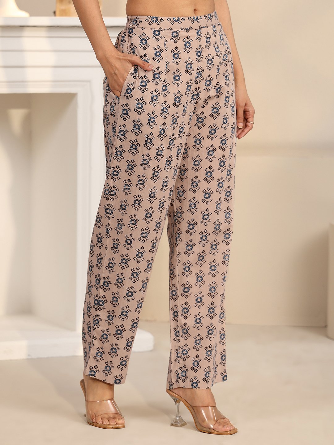 Blue Printed Cotton V-Neck Kurta Set with Trousers and Dupatta