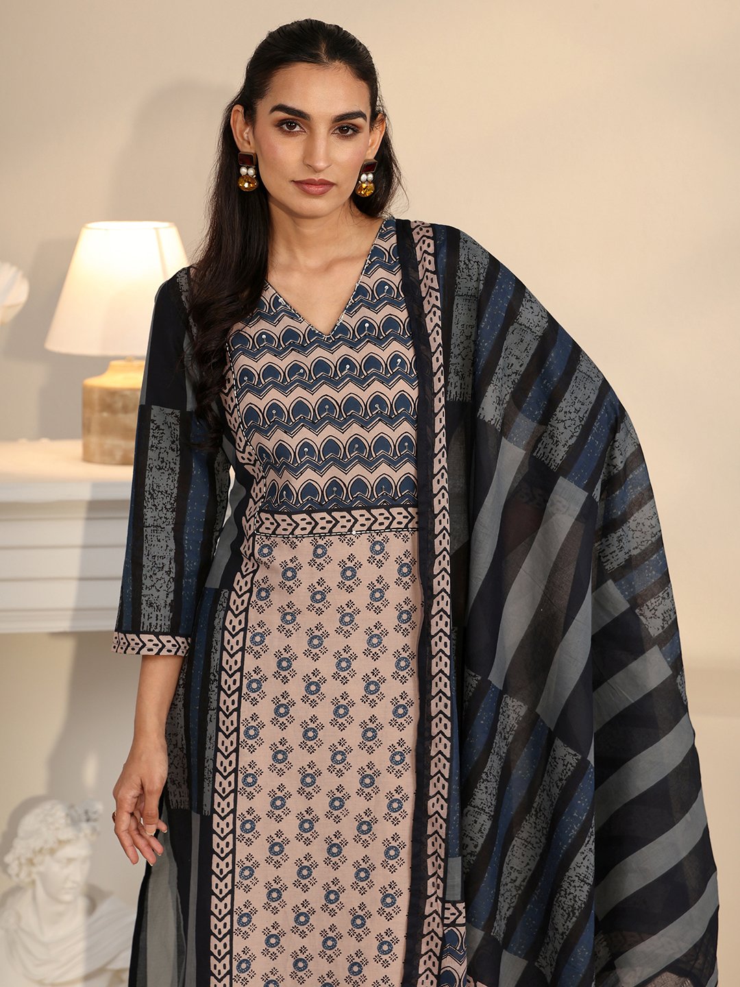 Blue Printed Cotton V-Neck Kurta Set with Trousers and Dupatta
