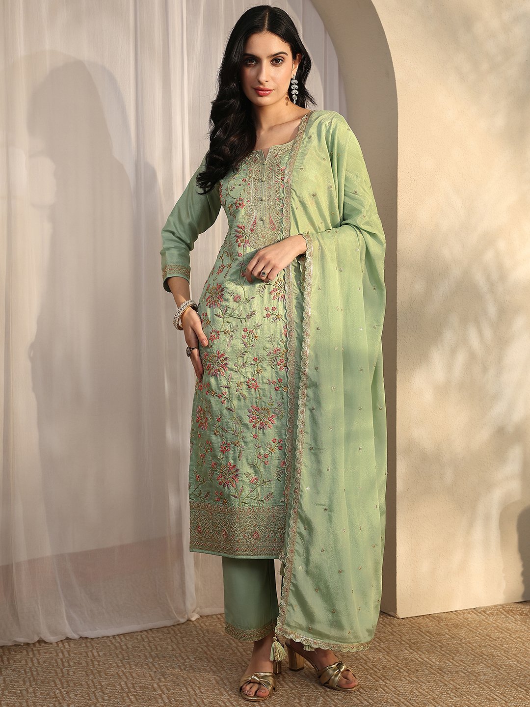 Green Embroidered Kurta Set with Trousers and Dupatta