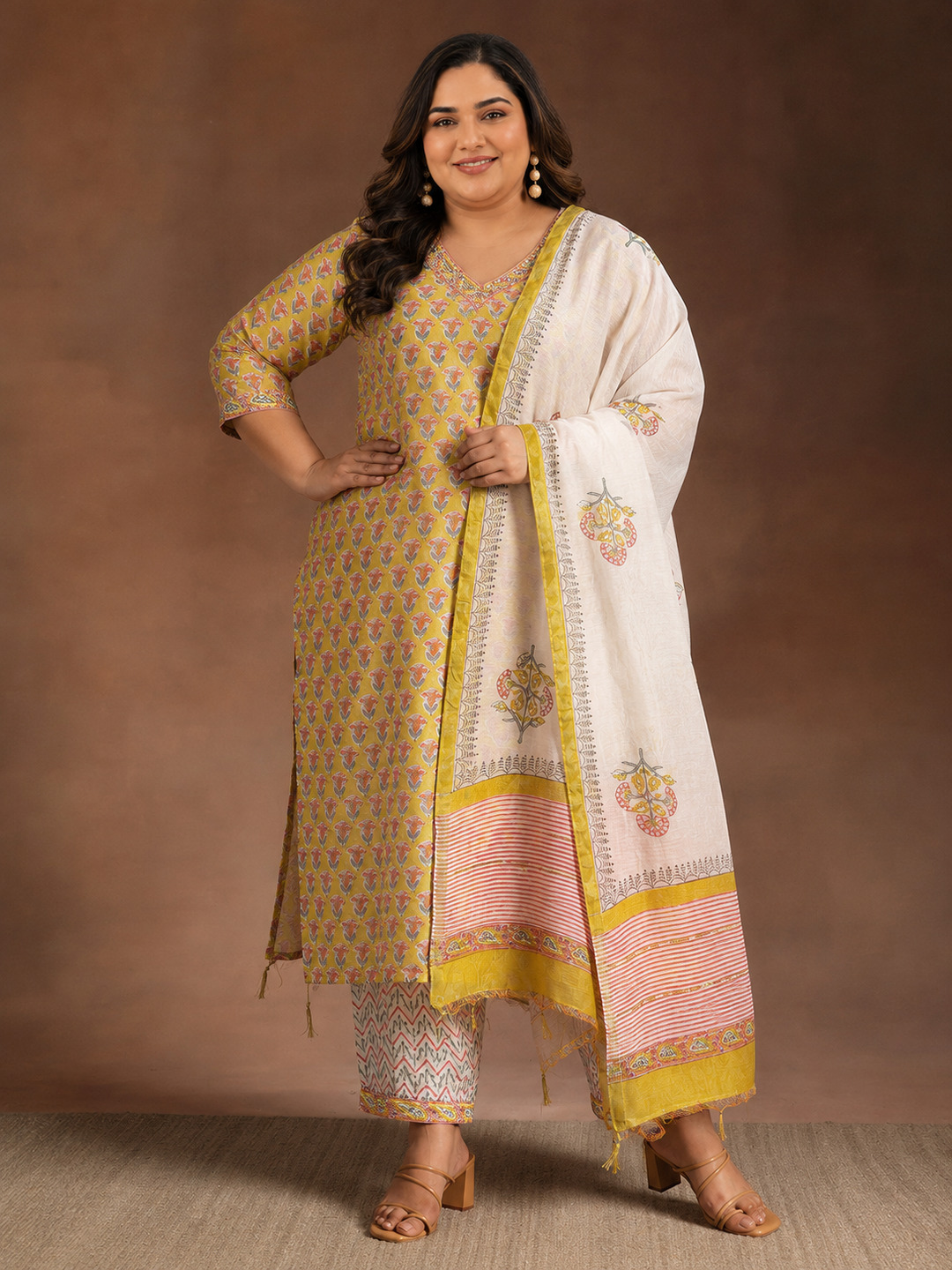 Yellow Floral Printed Cotton Kurta Set with Dupatta