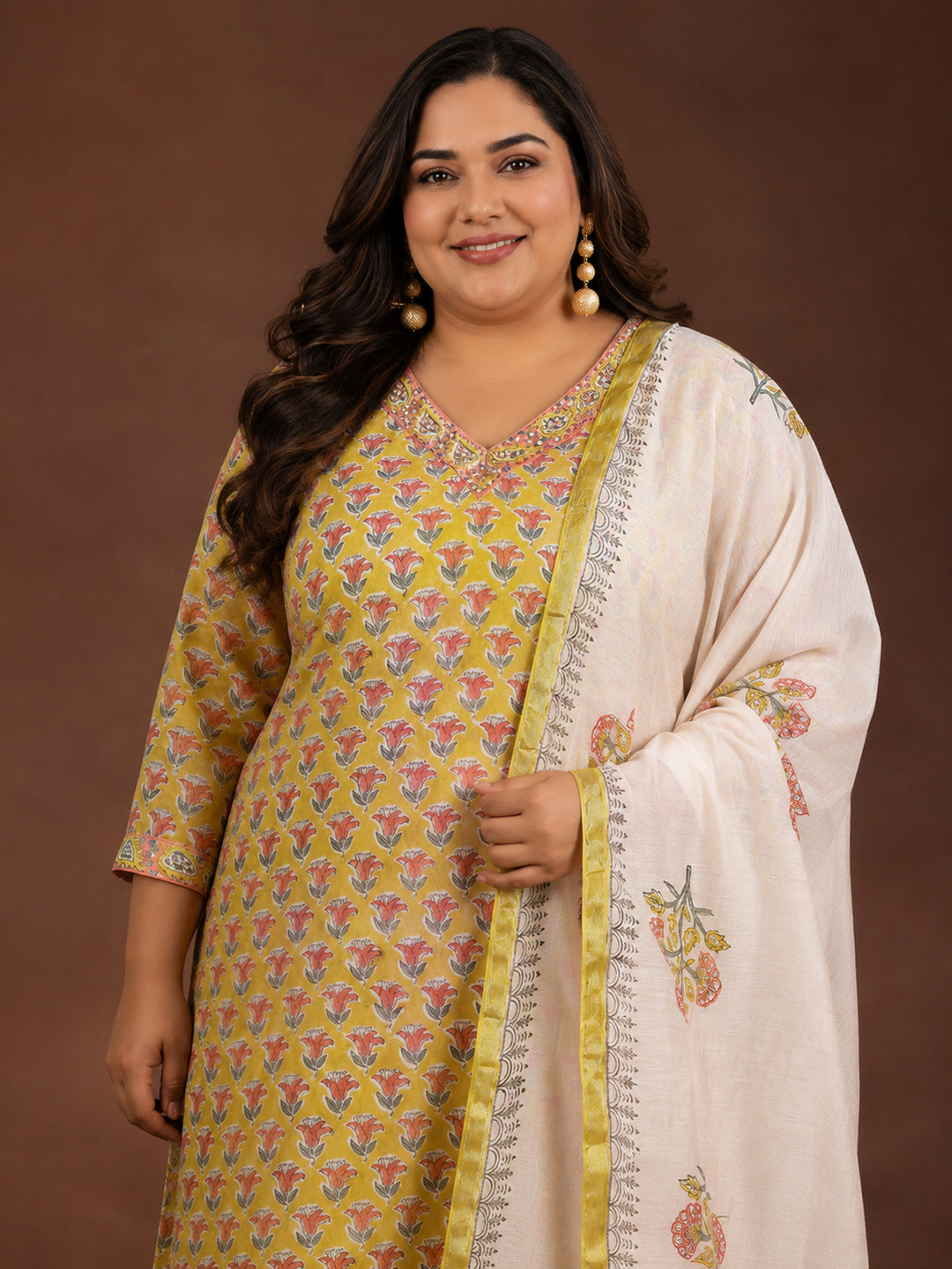 Yellow Floral Printed Cotton Kurta Set with Dupatta