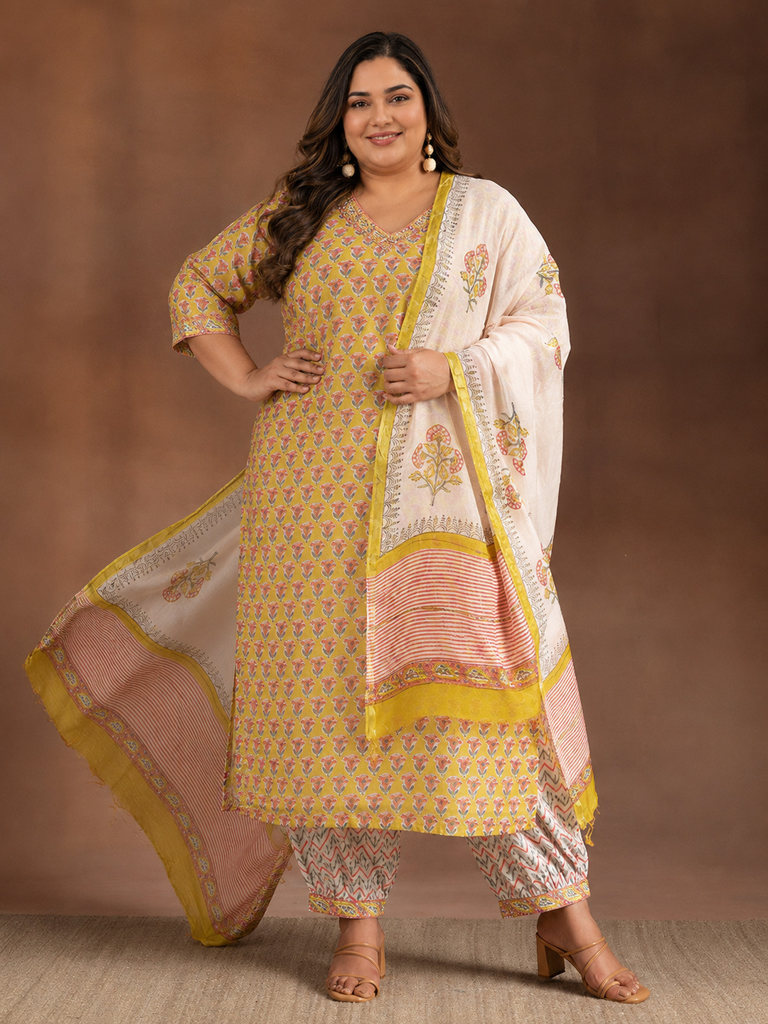 Yellow Floral Printed Cotton Kurta Set with Dupatta