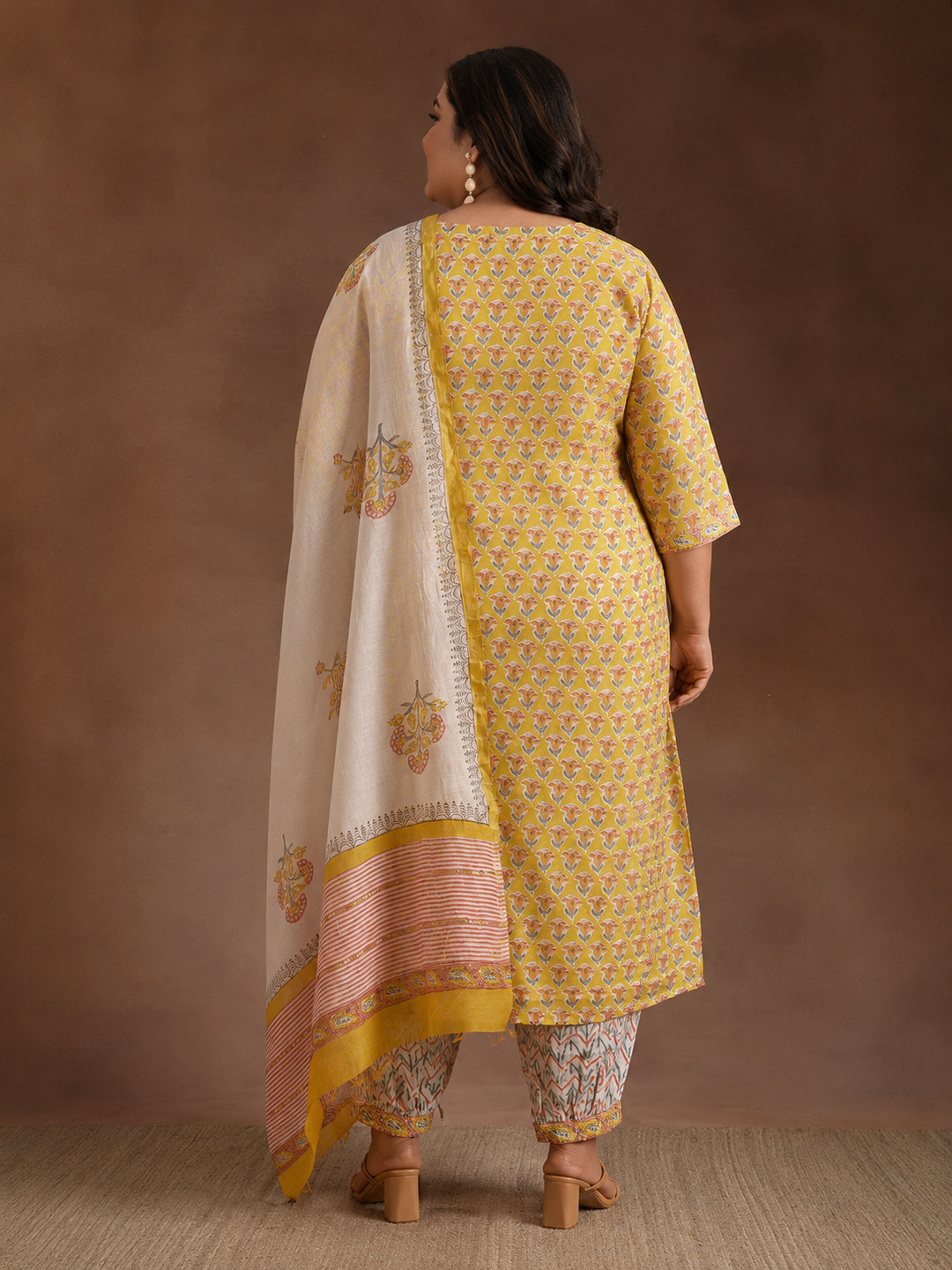 Yellow Floral Printed Cotton Kurta Set with Dupatta