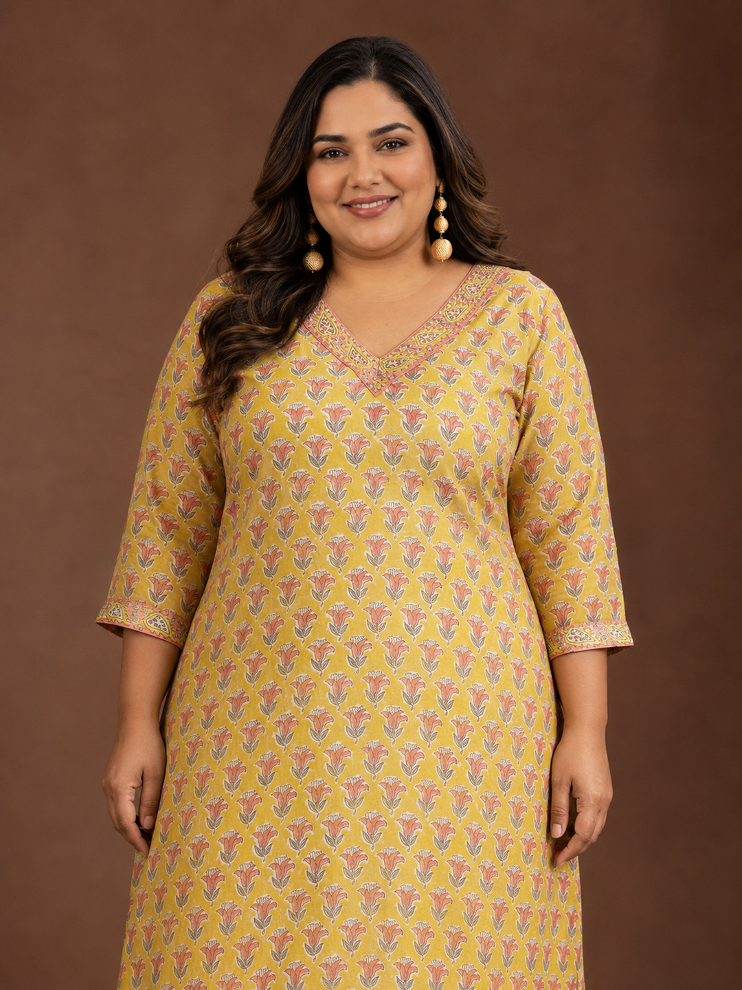 Yellow Floral Printed Cotton Kurta Set with Dupatta