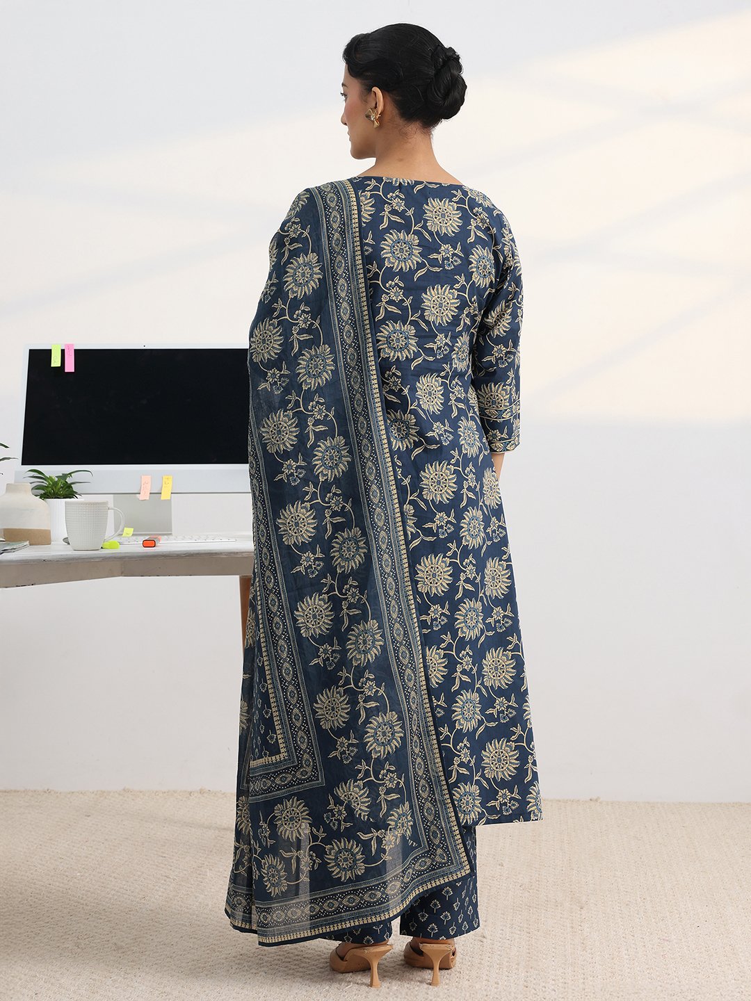 Blue Floral Printed Cotton Blend Kurta Set with Dupatta
