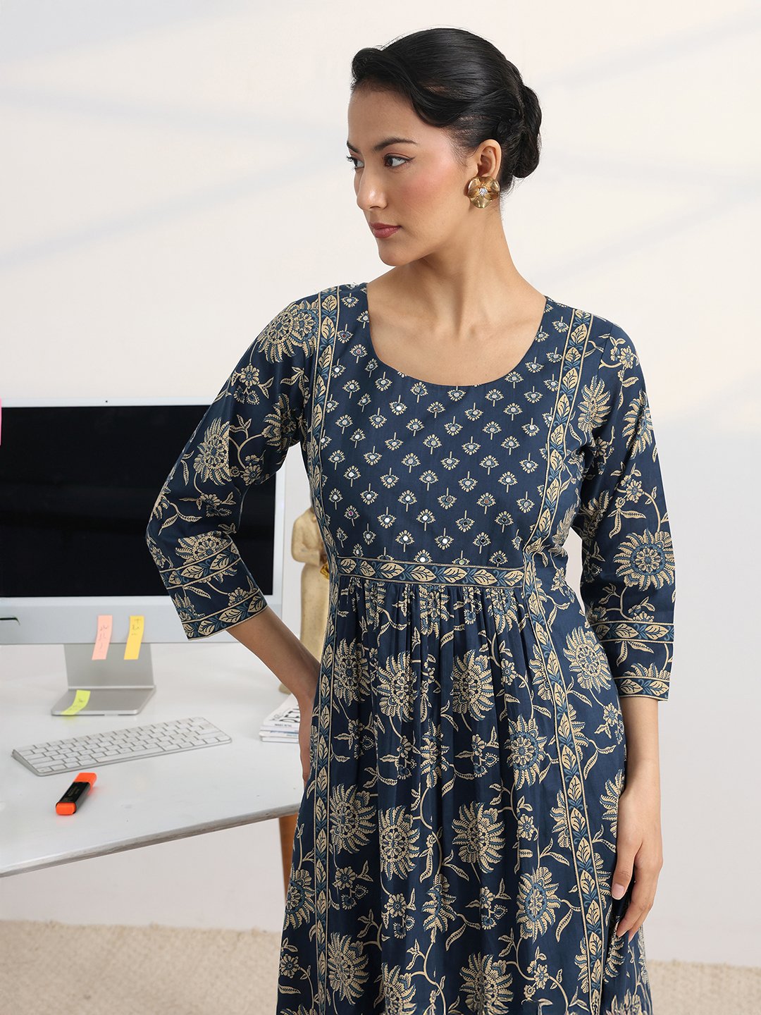 Blue Floral Printed Cotton Blend Kurta Set with Dupatta