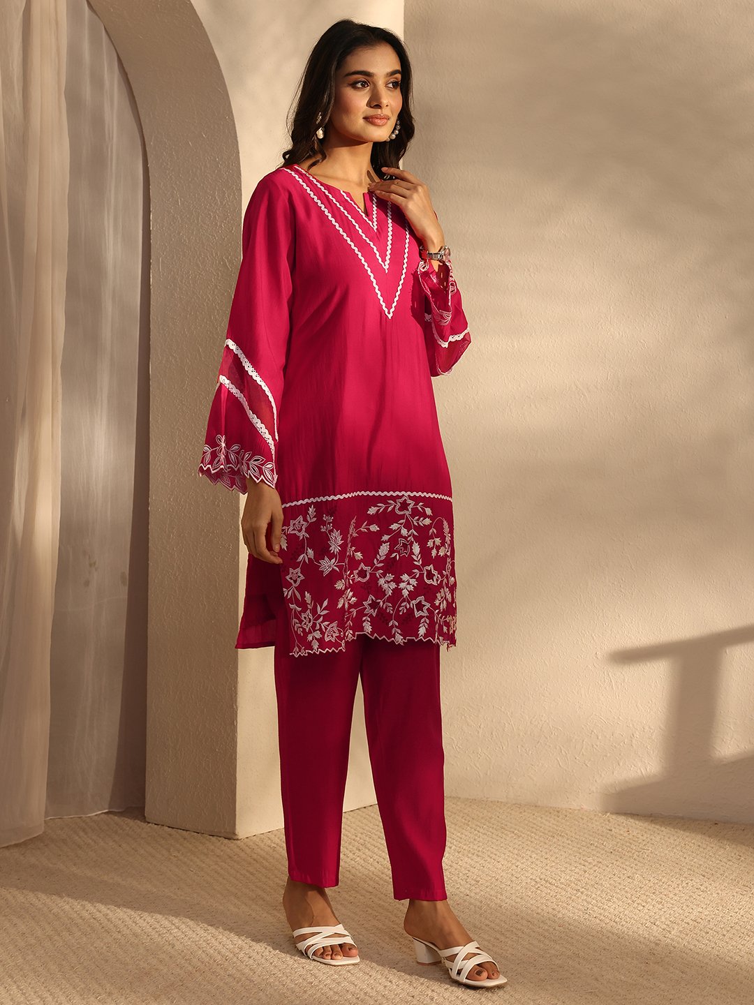 Fuchsia Embroidered Silk Blend Kurta Set with Trousers and Dupatta