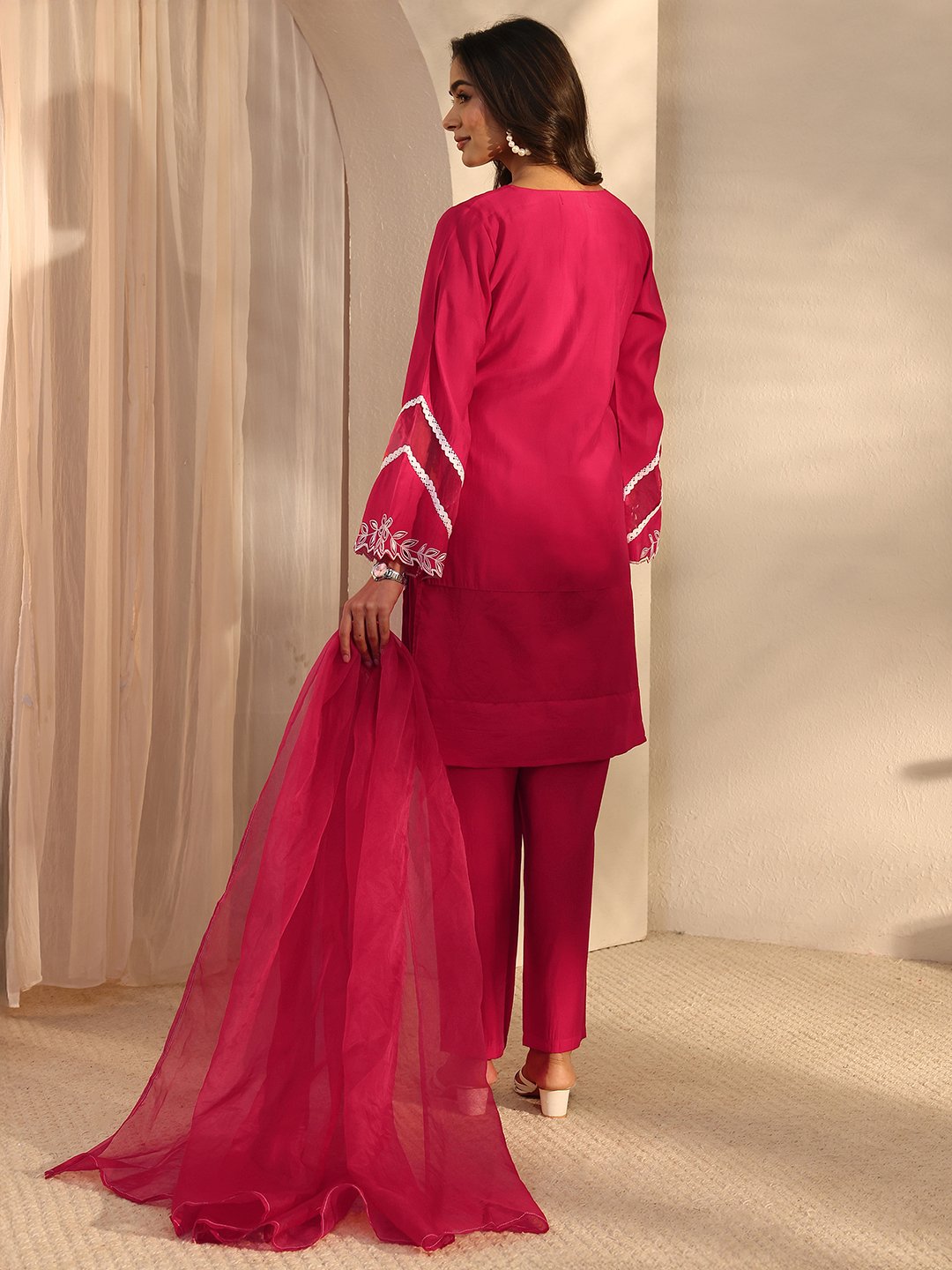 Fuchsia Embroidered Silk Blend Kurta Set with Trousers and Dupatta