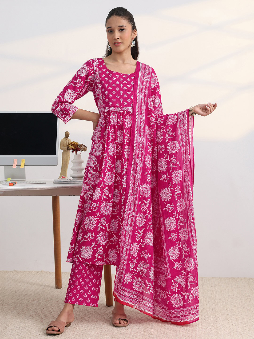 Pink Printed Cotton Blend Kurta Set with Trousers and Dupatta