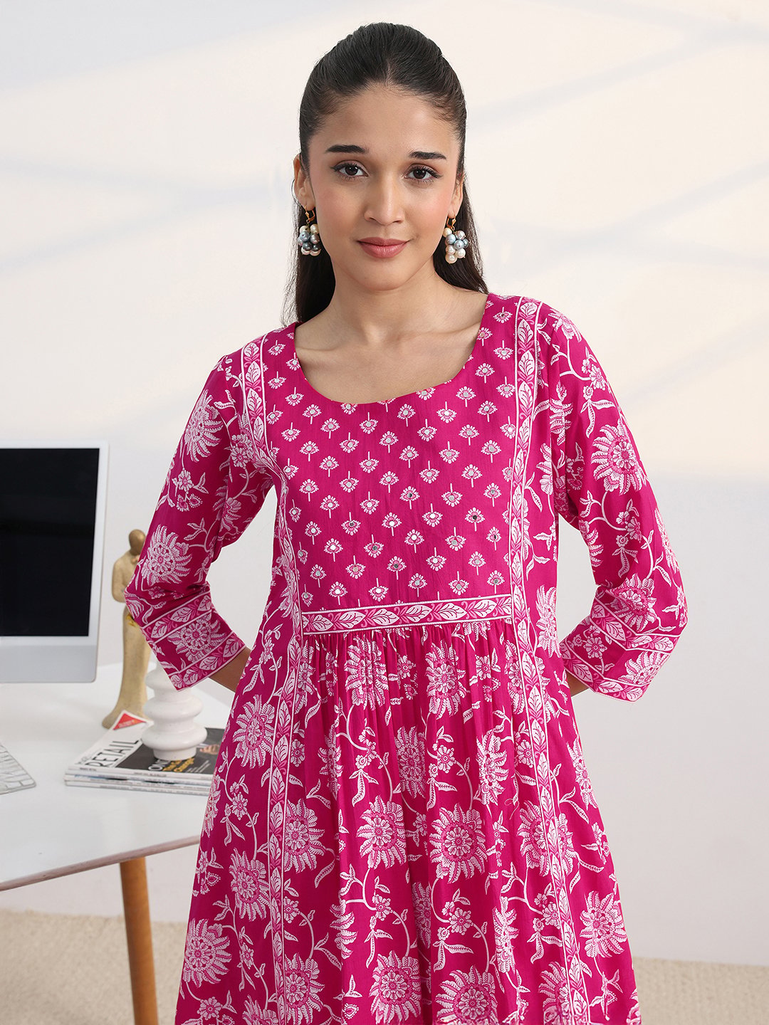 Pink Printed Cotton Blend Kurta Set with Trousers and Dupatta