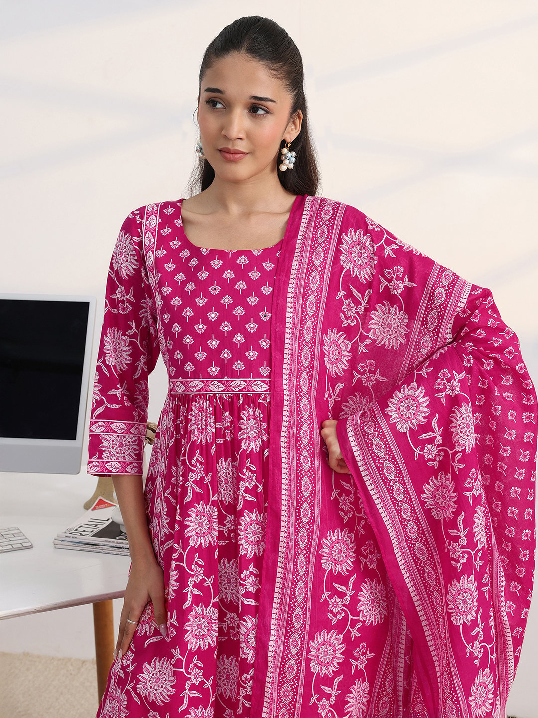 Pink Printed Cotton Blend Kurta Set with Trousers and Dupatta