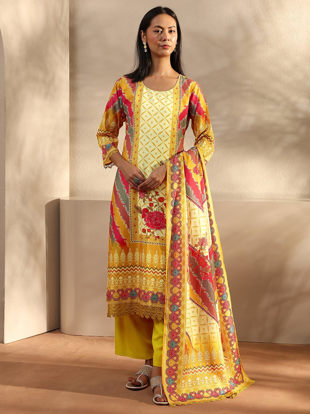 Mustard Printed Kurta Set with Palazzo and Dupatta