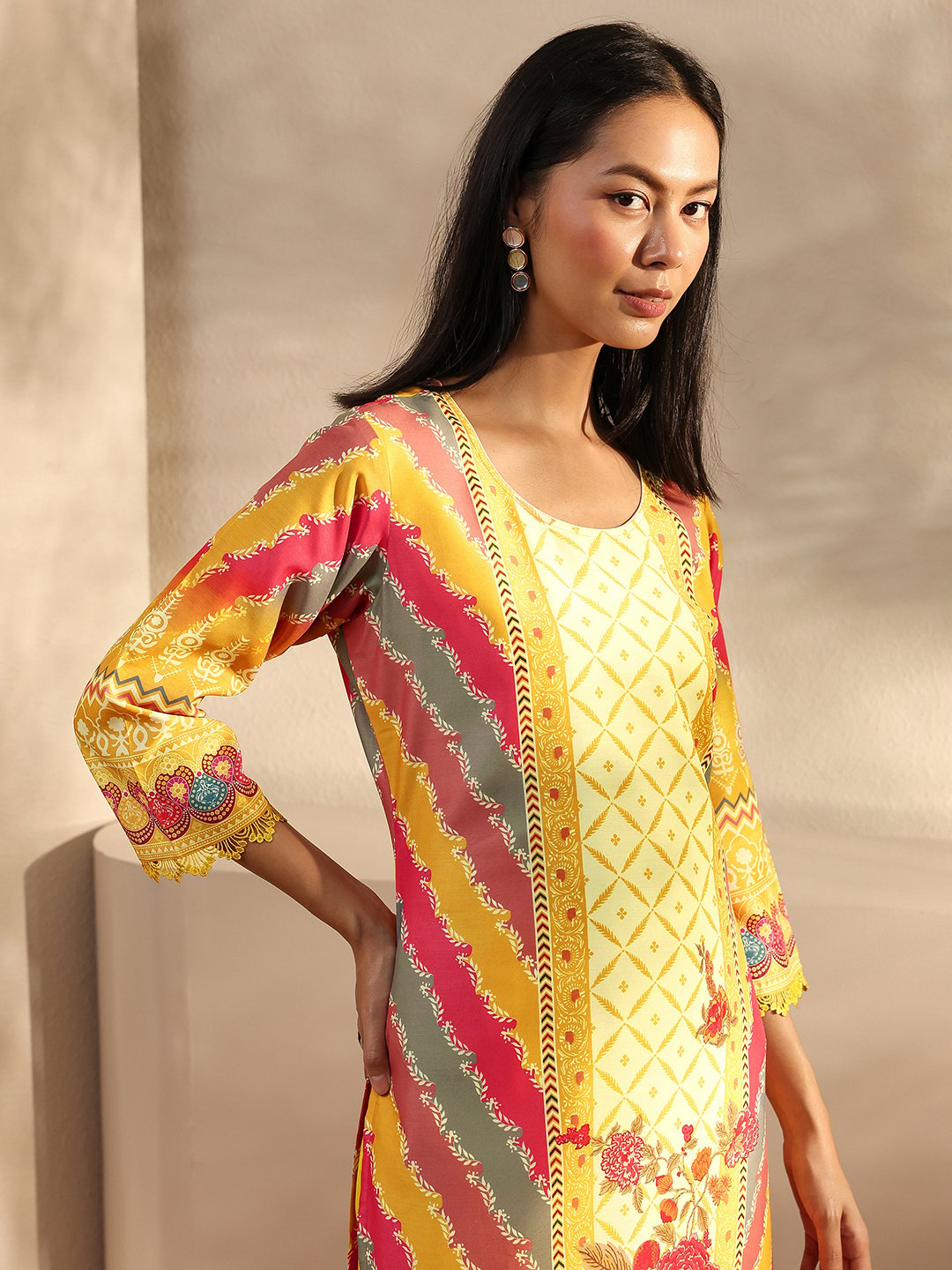Mustard Printed Kurta Set with Palazzo and Dupatta