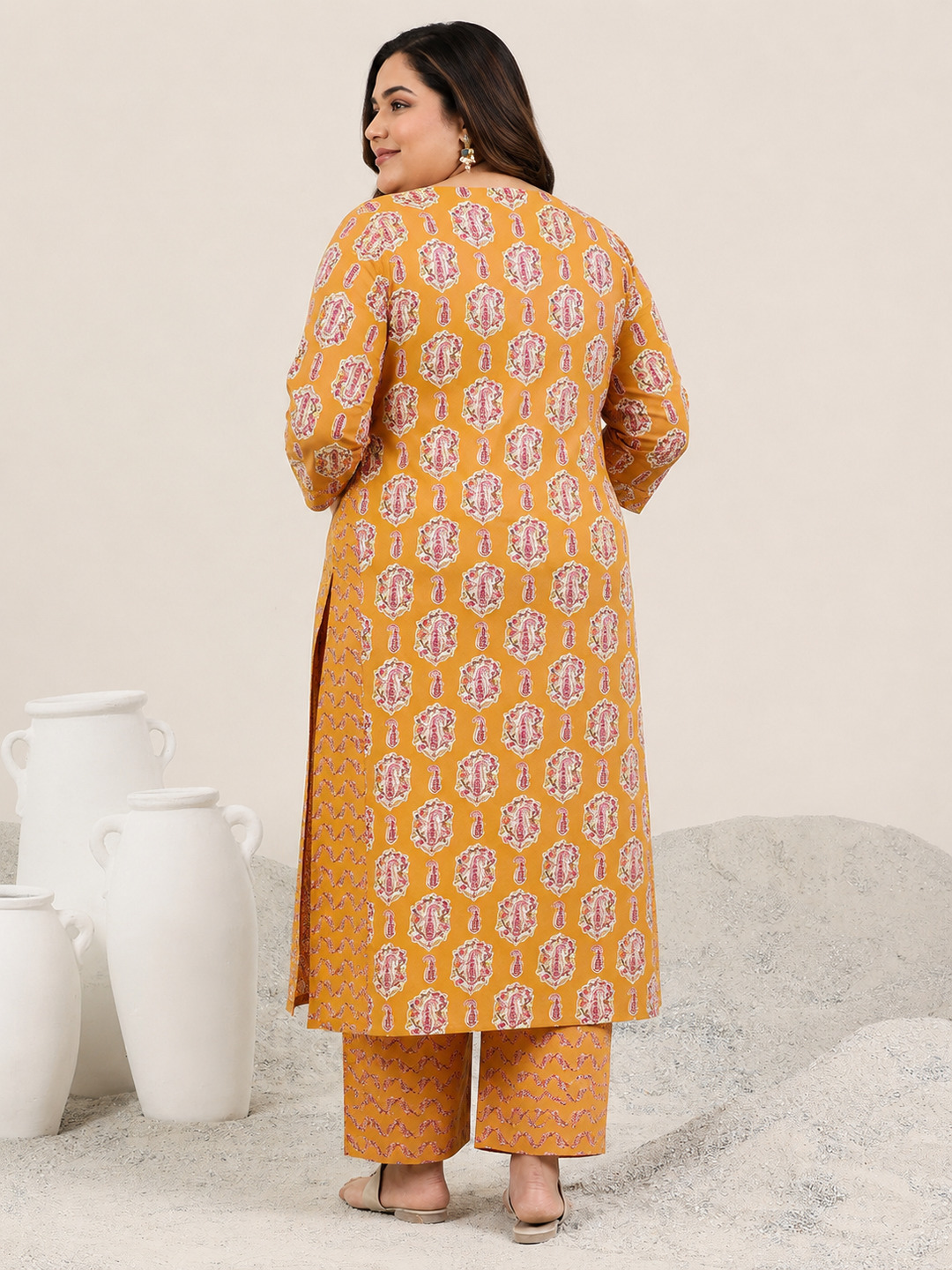 Plus Size Mustard Paisley Print V-Neck Kurta with Trousers