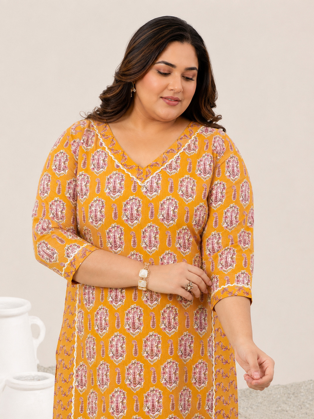 Plus Size Mustard Paisley Print V-Neck Kurta with Trousers