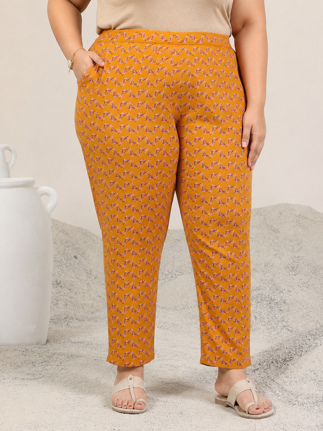 Plus Size Mustard Paisley Print V-Neck Kurta with Trousers