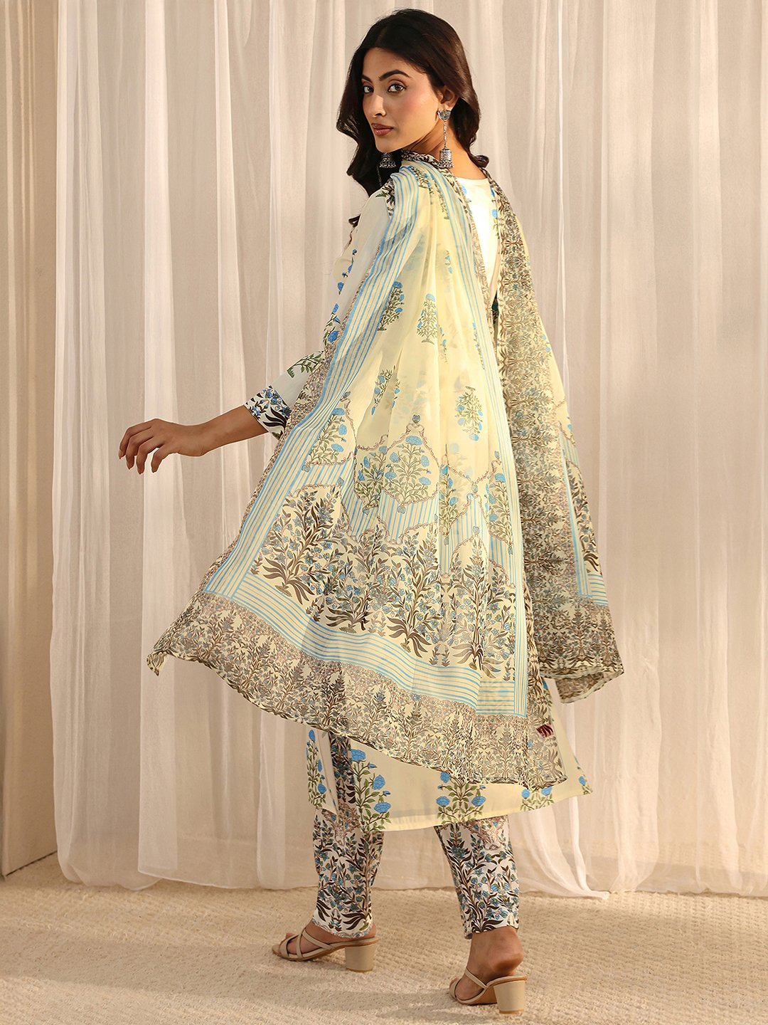 Off-White Chanderi Silk Printed Kurta Set with Trousers and Dupatta