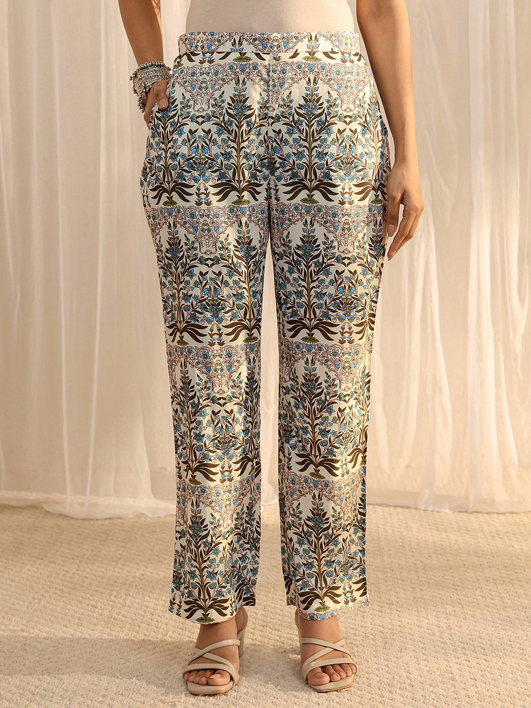 Off-White Chanderi Silk Printed Kurta Set with Trousers and Dupatta
