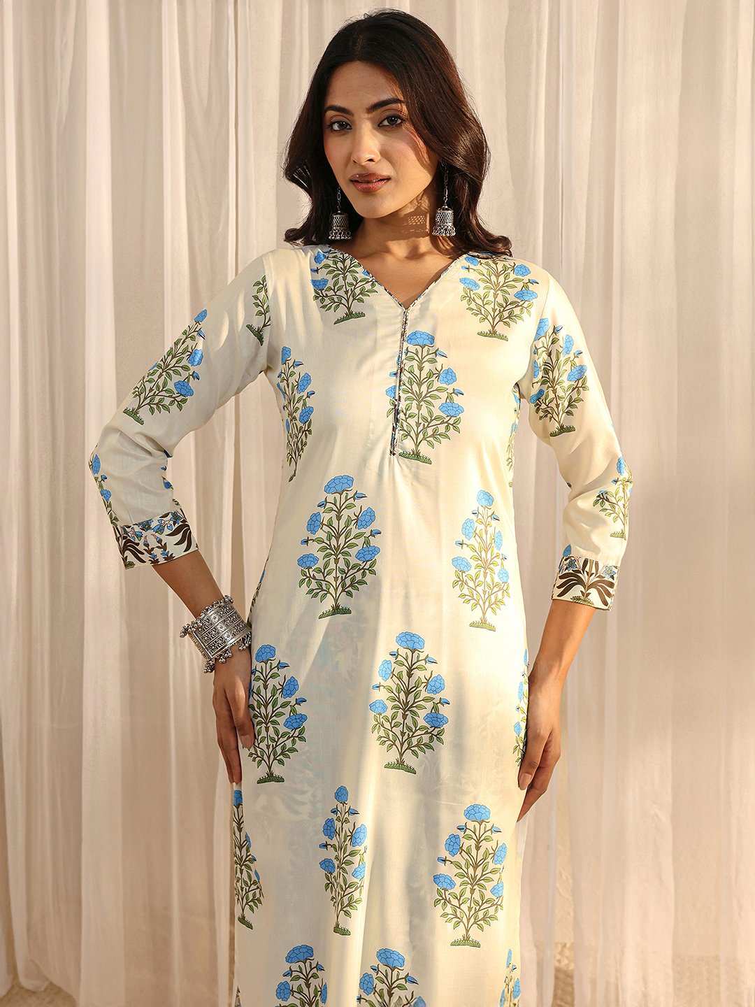 Off-White Chanderi Silk Printed Kurta Set with Trousers and Dupatta