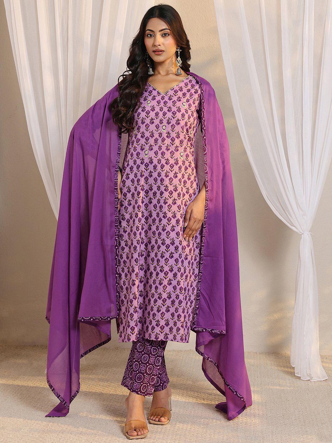 Purple Printed Cotton Kurta Set with Dupatta and Straight Trousers
