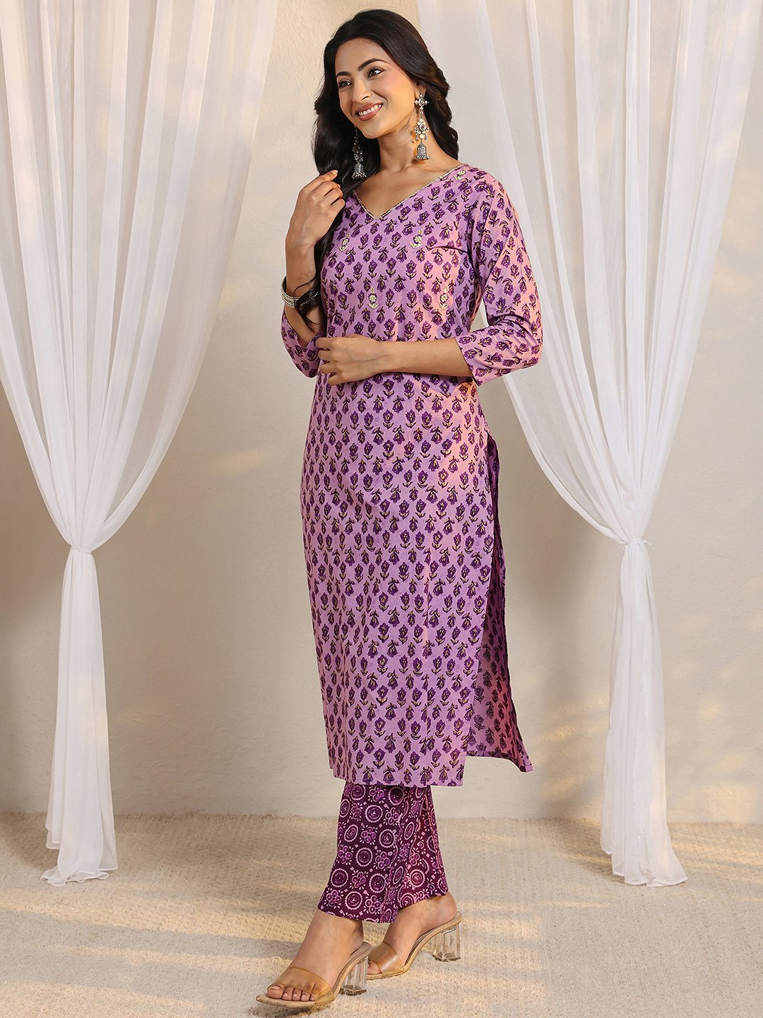 Purple Printed Cotton Kurta Set with Dupatta and Straight Trousers