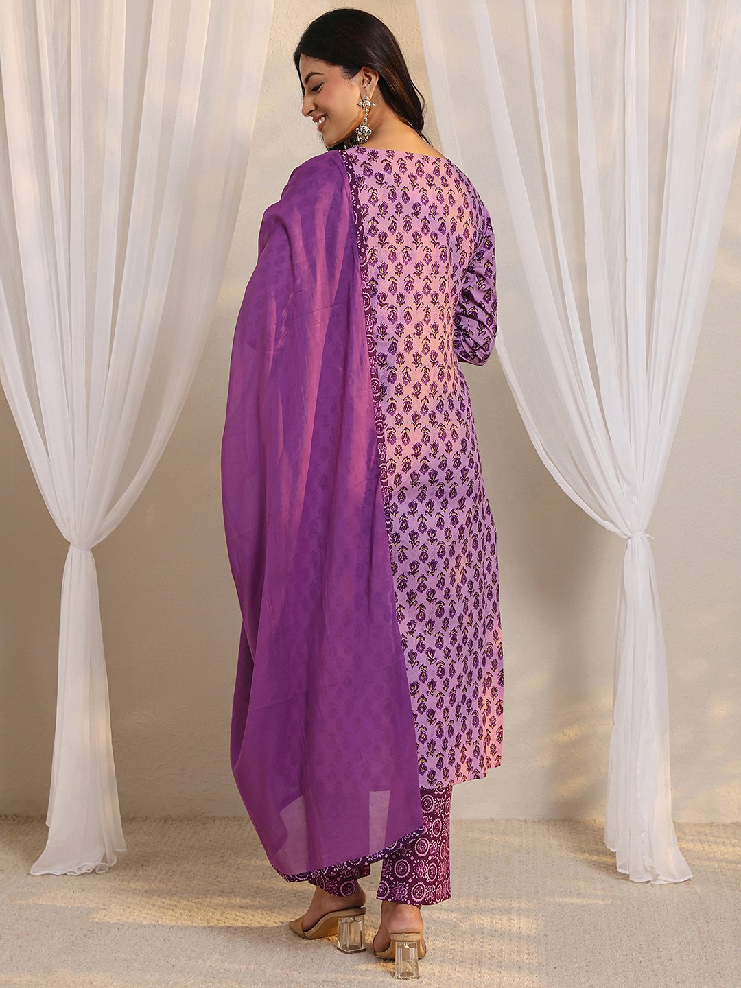 Purple Printed Cotton Kurta Set with Dupatta and Straight Trousers