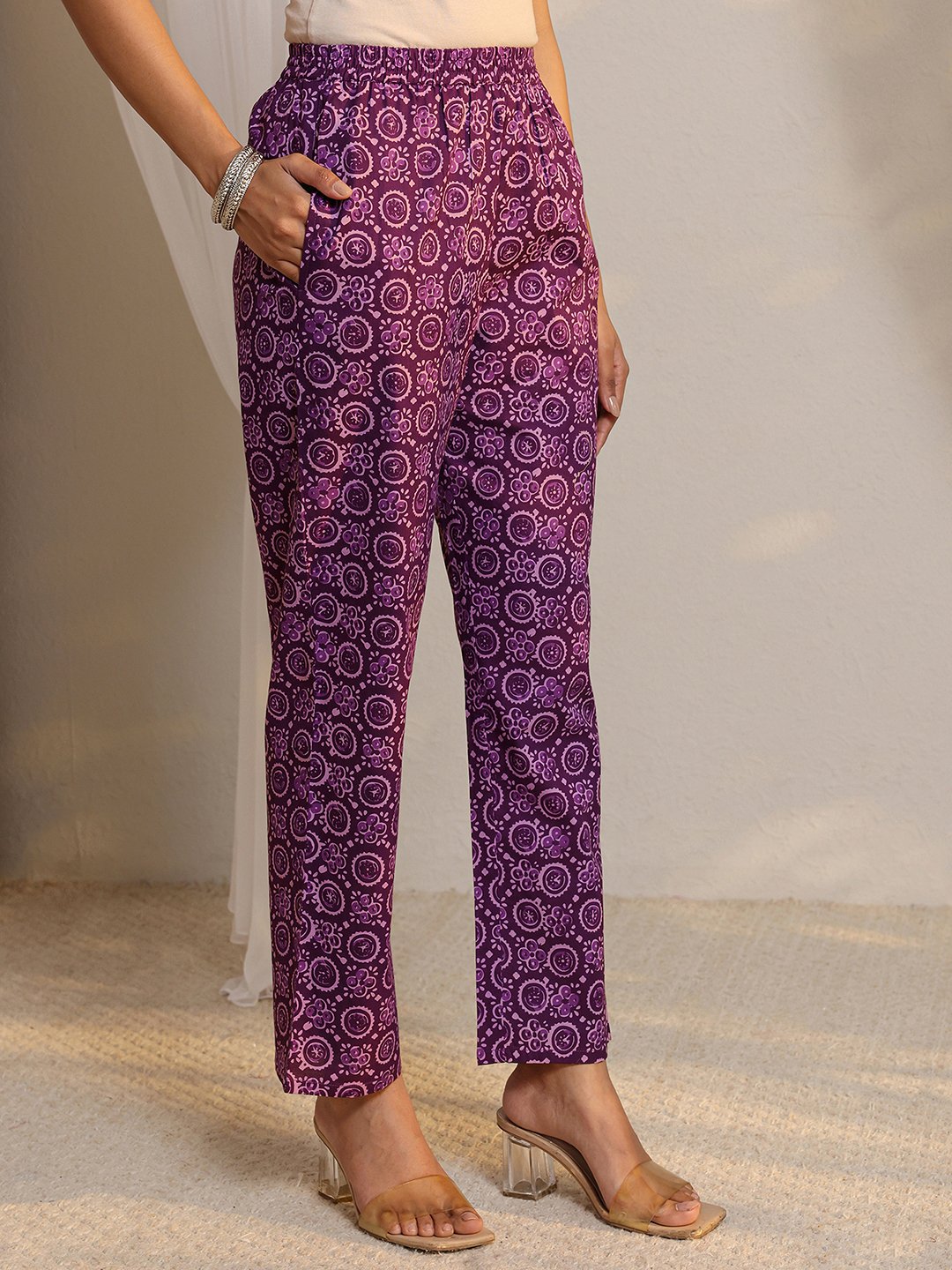 Purple Printed Cotton Kurta Set with Dupatta and Straight Trousers