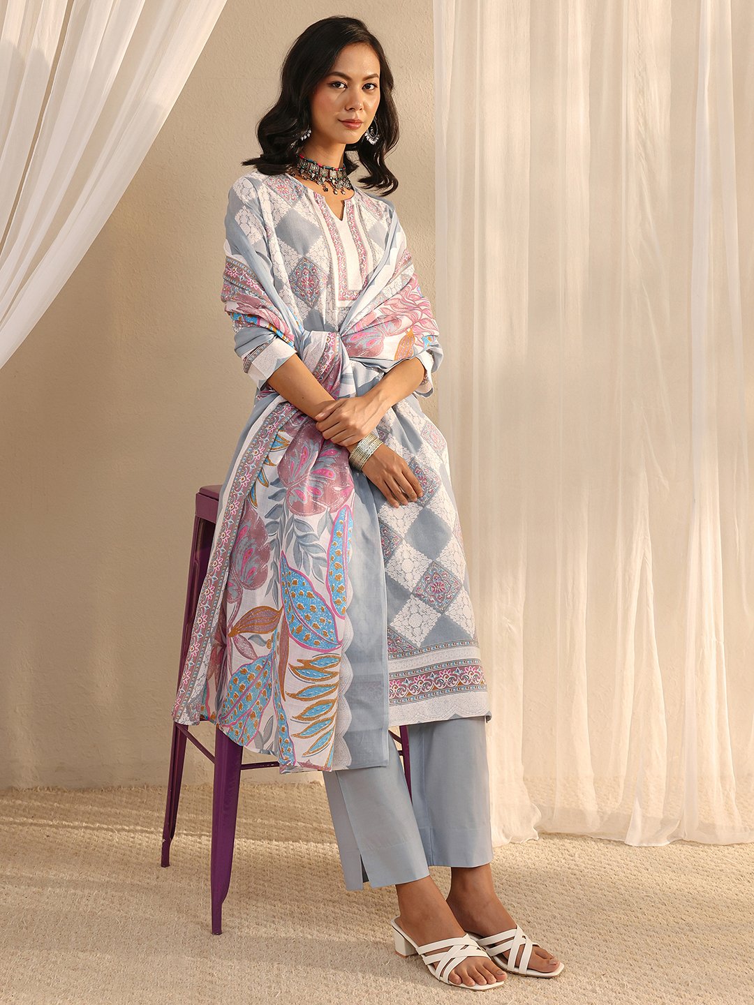 Grey Printed Cotton Blend Kurta Set with Dupatta