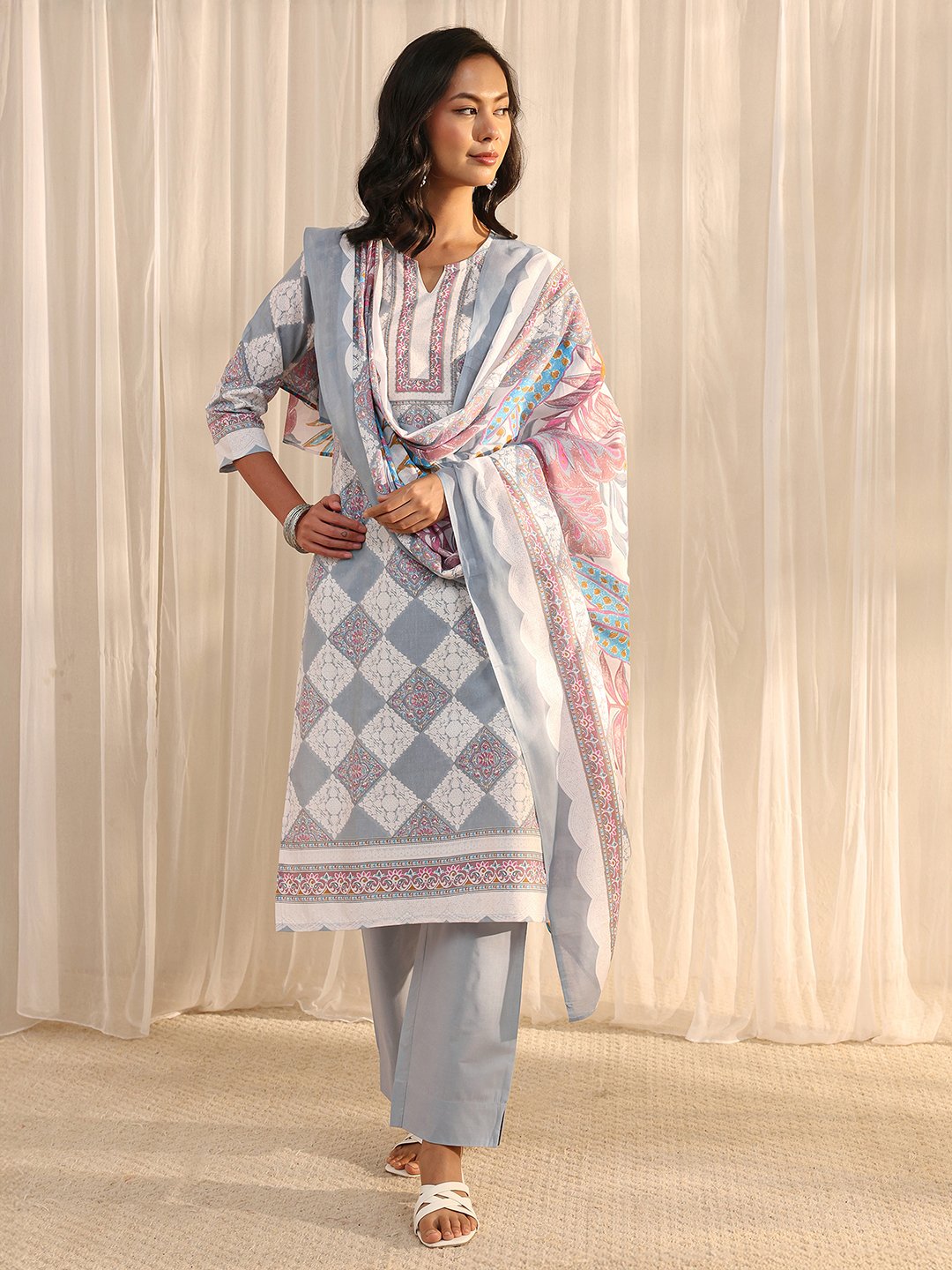 Grey Printed Cotton Blend Kurta Set with Dupatta