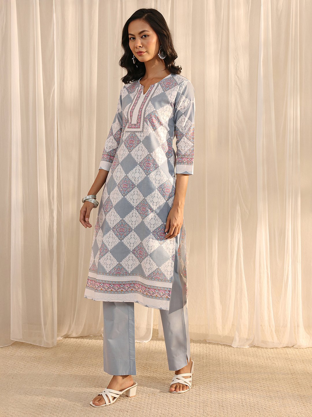 Grey Printed Cotton Blend Kurta Set with Dupatta